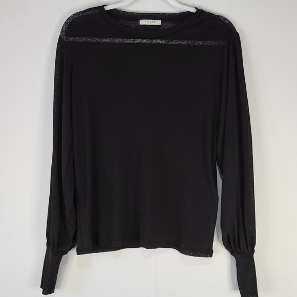 Pieces womens black crewneck semi sheer long sleeve top Size M